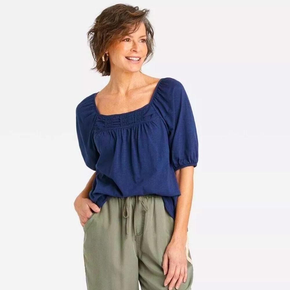 KNOX ROSE Women's Puff Short Sleeve Square Neck Top -Navy Size XL